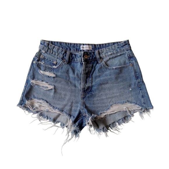 Zara Blue Medium Wash Raw Edge Hem Distressed Denim Jean Shorts Women's US 8 - Picture 1 of 12